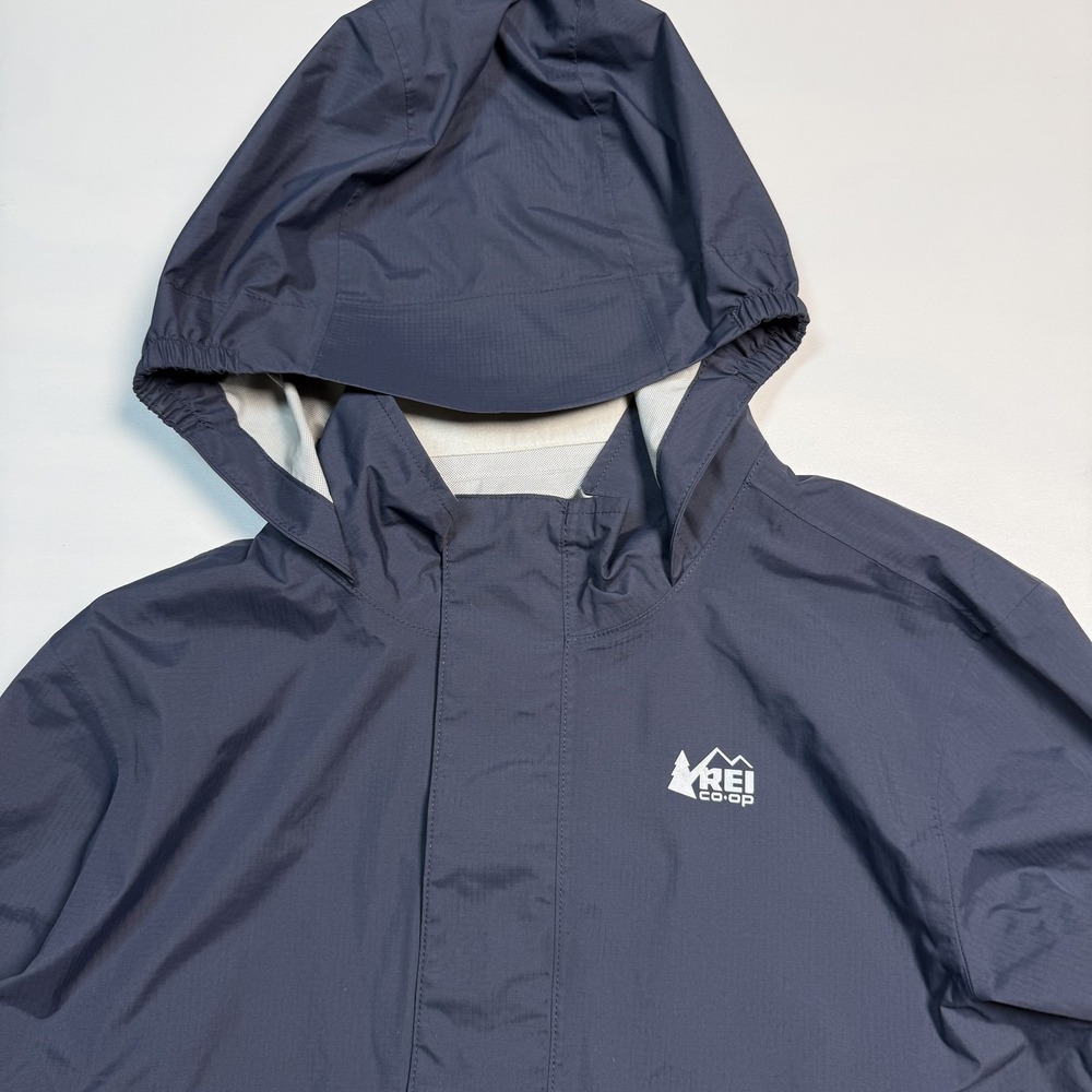 REI Co-op Rain Jacket Kids Large Blue Hooded Nylon Shell Outdoor Hiking